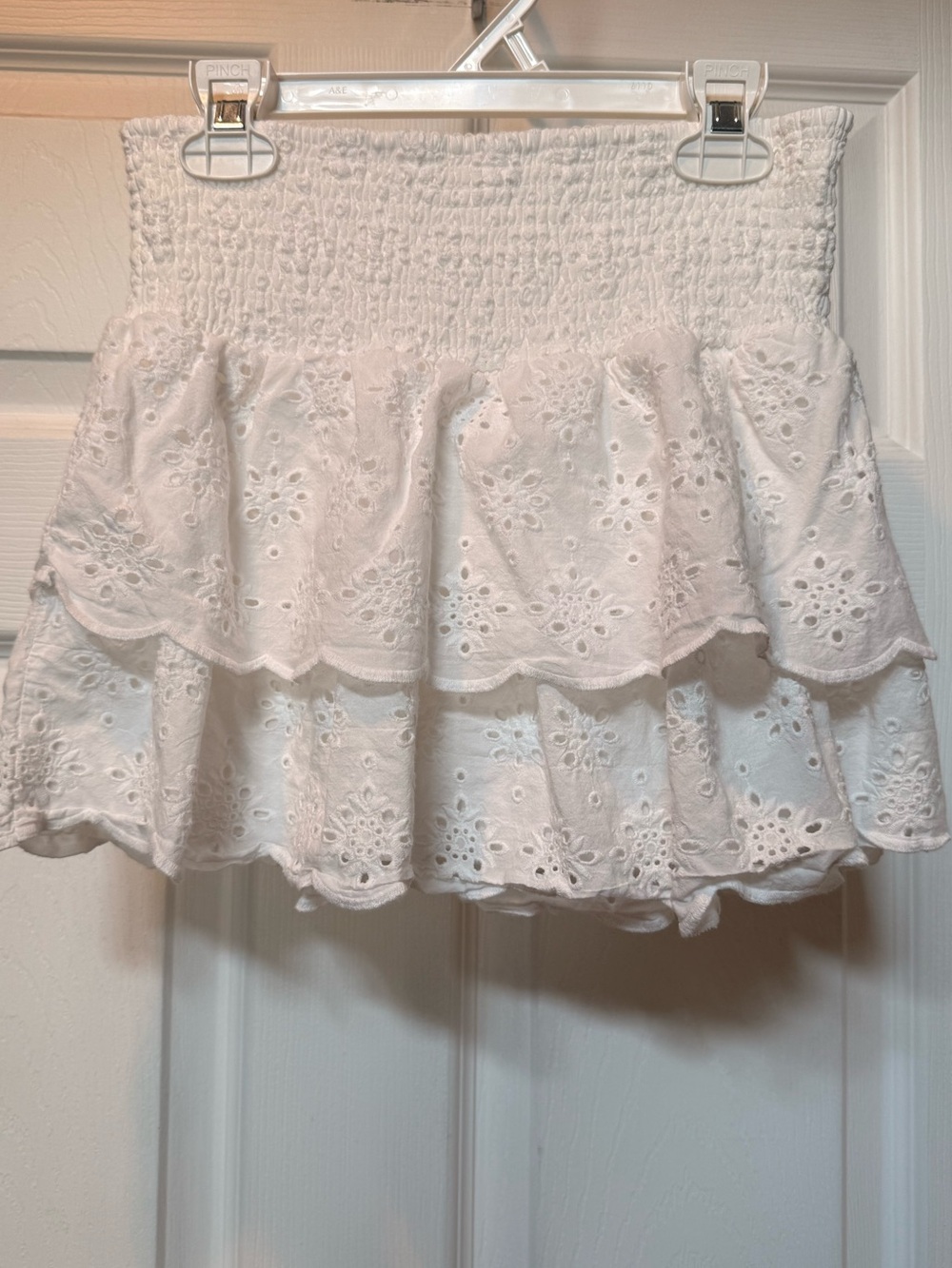 Smocked White Eyelet Tiered Mini Skirt